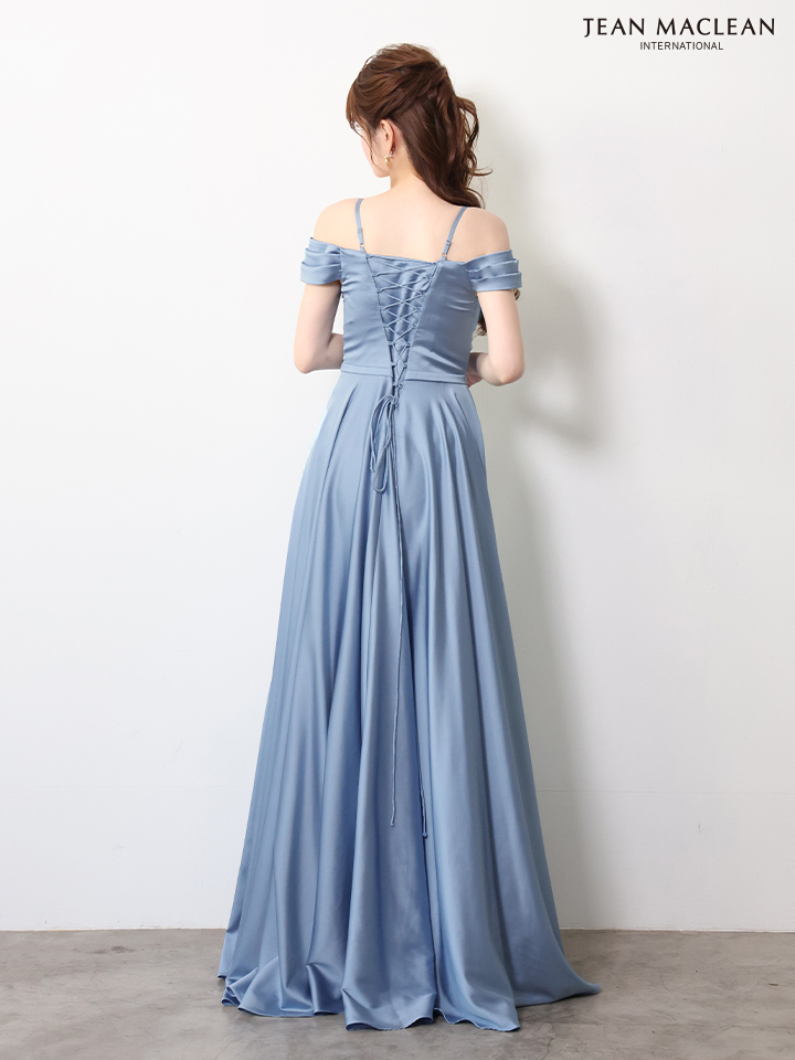 ベアトップ フラワーレース 長袖 パフスリーブ レースアップ バースデー Aラインロングドレスのイメージ画像9