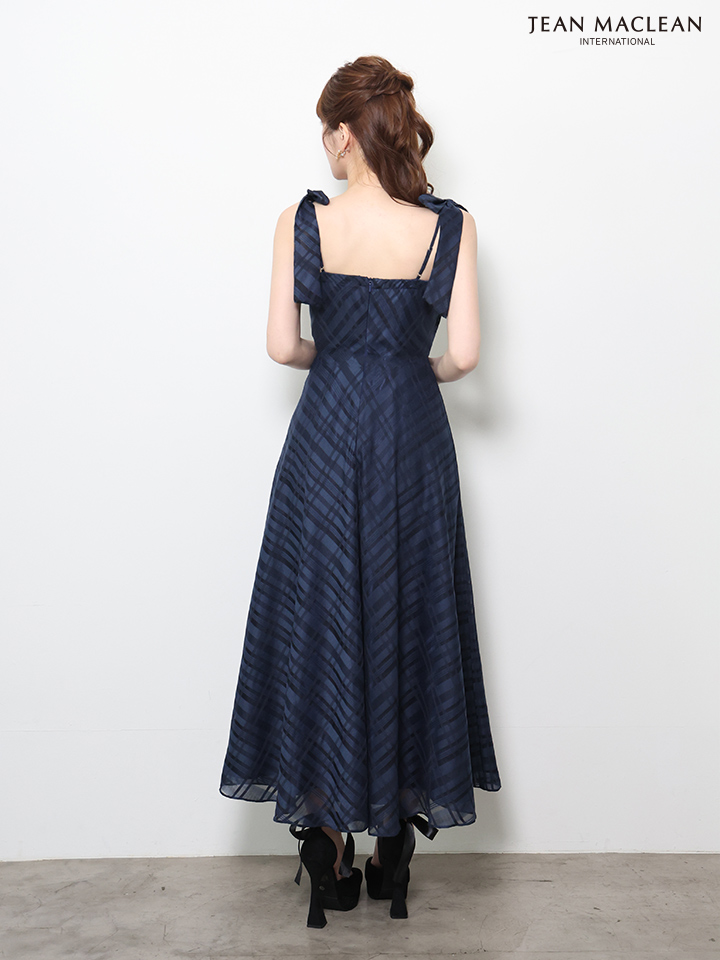 キャミソール ショルダーリボン付き ウエストベルト チェック柄 Aラインロングドレスのイメージ画像7