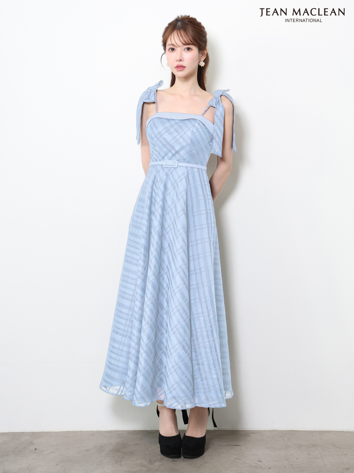 キャミソール ショルダーリボン付き ウエストベルト チェック柄 Aラインロングドレスのイメージ画像4