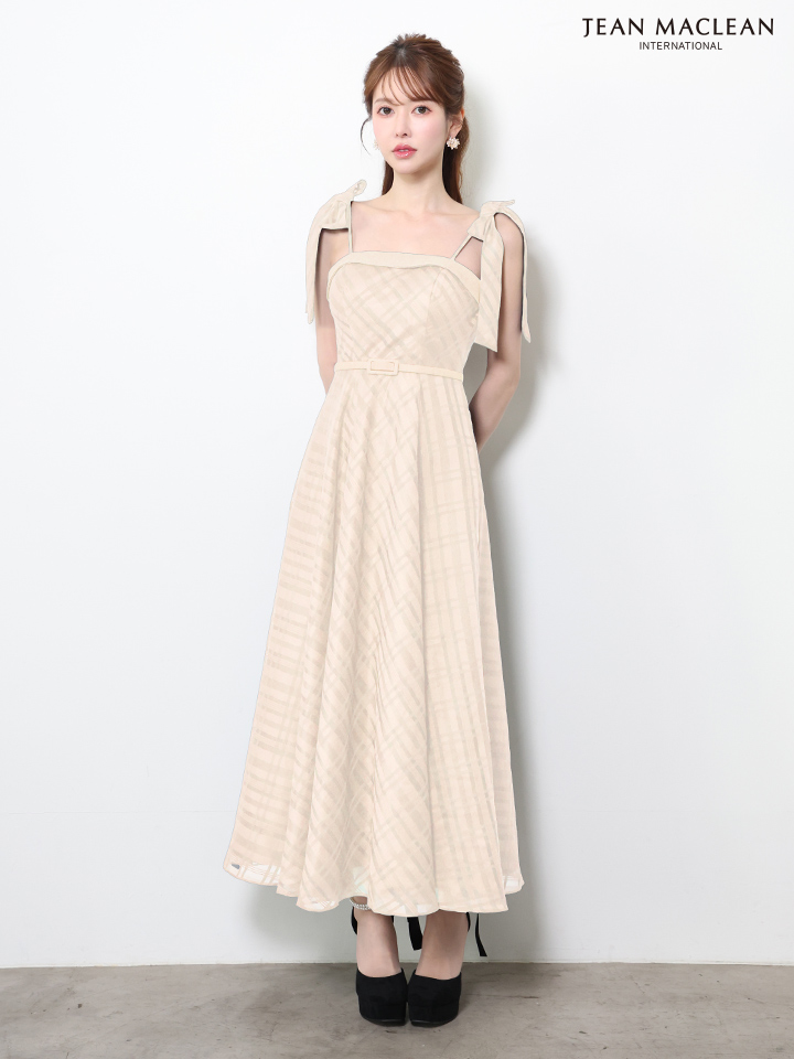 キャミソール ショルダーリボン付き ウエストベルト チェック柄 Aラインロングドレスのイメージ画像3