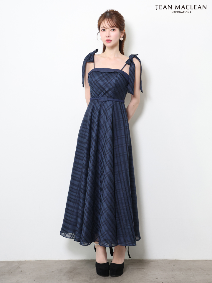 キャミソール ショルダーリボン付き ウエストベルト チェック柄 Aラインロングドレスのイメージ画像2