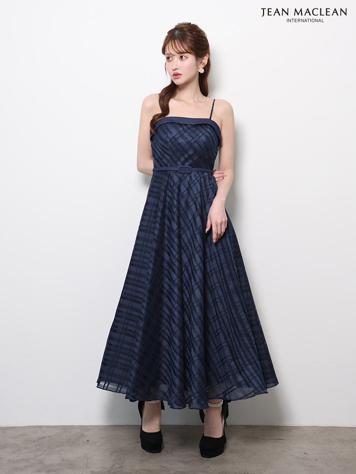 キャミソール ショルダーリボン付き ウエストベルト チェック柄 Aラインロングドレスのイメージ画像6