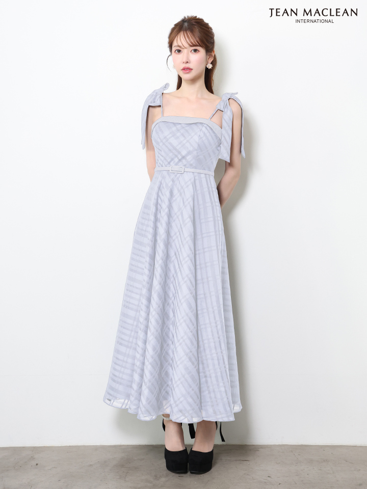 キャミソール ショルダーリボン付き ウエストベルト チェック柄 Aラインロングドレスのイメージ画像5