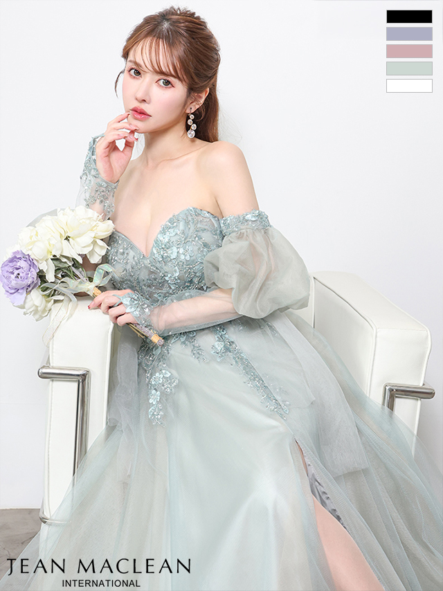 2way ベア パフスリーブ付き ハートカット サイドレースアップ バックスピンドル スリット フラワー刺繍 バースデー Aラインロングドレスのイメージ画像1