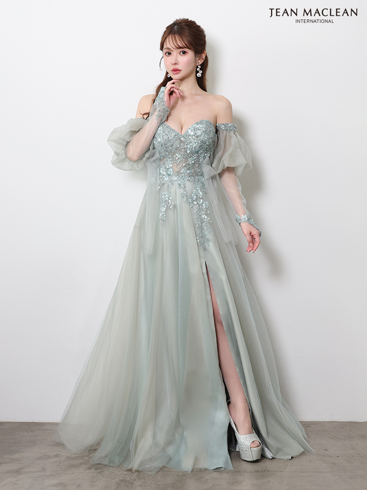 2way ベア パフスリーブ付き ハートカット サイドレースアップ バックスピンドル スリット フラワー刺繍 バースデー Aラインロングドレスのイメージ画像2