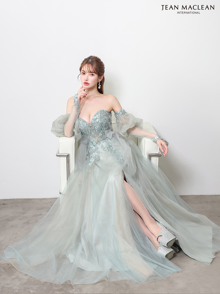 2way ベア パフスリーブ付き ハートカット サイドレースアップ バックスピンドル スリット フラワー刺繍 バースデー Aラインロングドレスのイメージ画像3