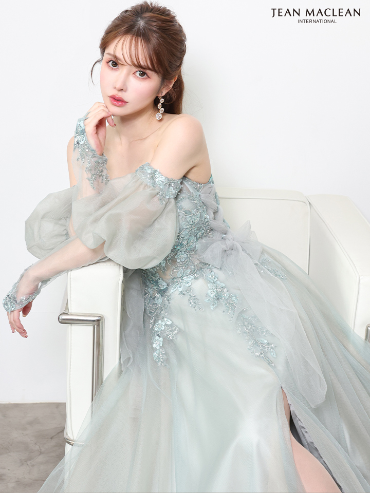 2way ベア パフスリーブ付き ハートカット サイドレースアップ バックスピンドル スリット フラワー刺繍 バースデー Aラインロングドレスのイメージ画像4