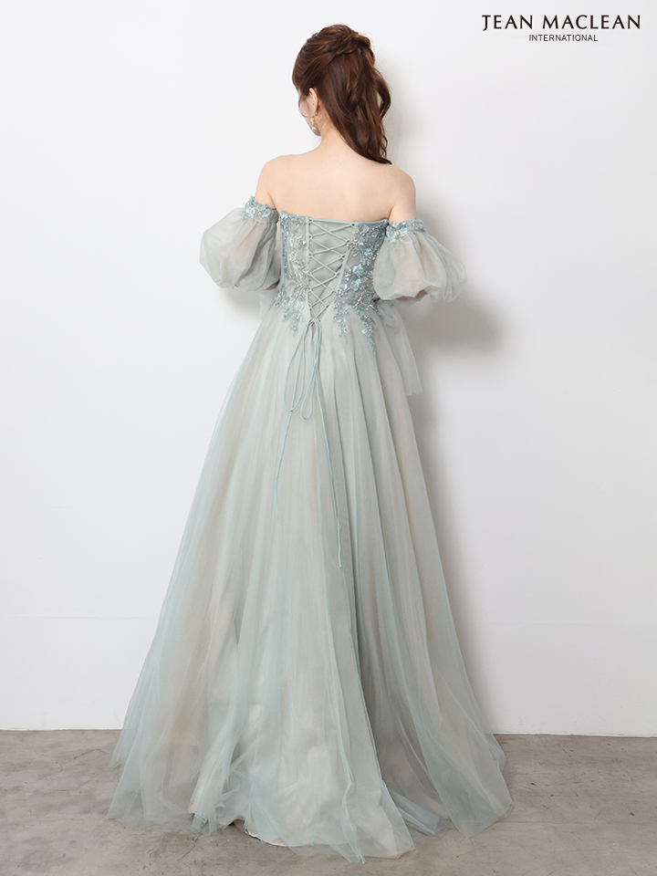 2way ベア パフスリーブ付き ハートカット サイドレースアップ バックスピンドル スリット フラワー刺繍 バースデー Aラインロングドレスのイメージ画像11