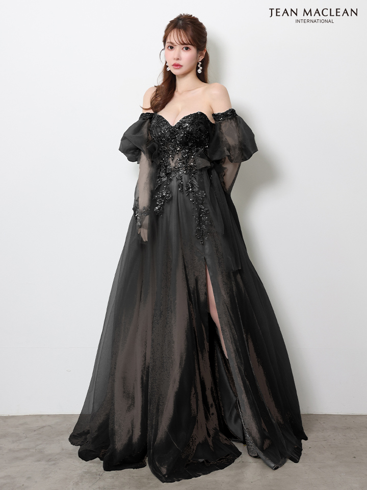 2way ベア パフスリーブ付き ハートカット サイドレースアップ バックスピンドル スリット フラワー刺繍 バースデー Aラインロングドレスのイメージ画像9