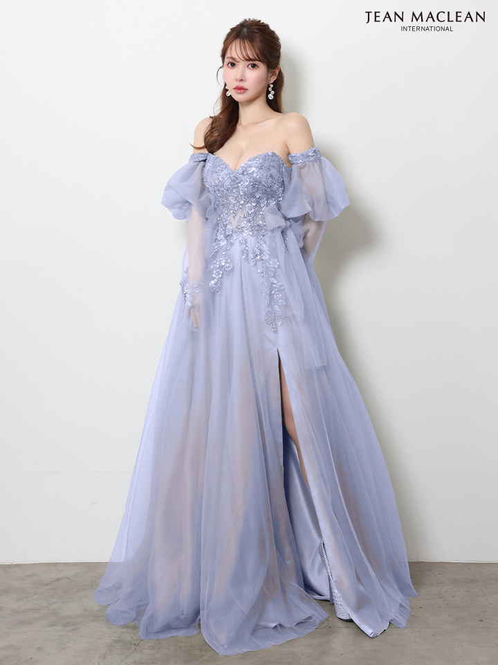 2way ベア パフスリーブ付き ハートカット サイドレースアップ バックスピンドル スリット フラワー刺繍 バースデー Aラインロングドレスのイメージ画像7