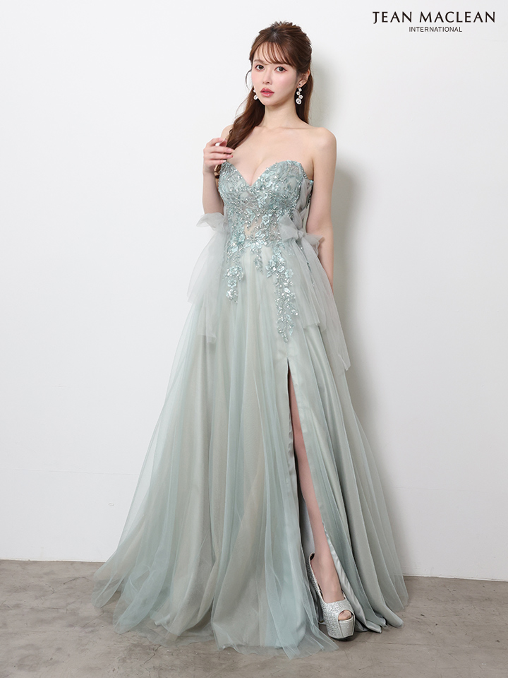 2way ベア パフスリーブ付き ハートカット サイドレースアップ バックスピンドル スリット フラワー刺繍 バースデー Aラインロングドレスのイメージ画像10