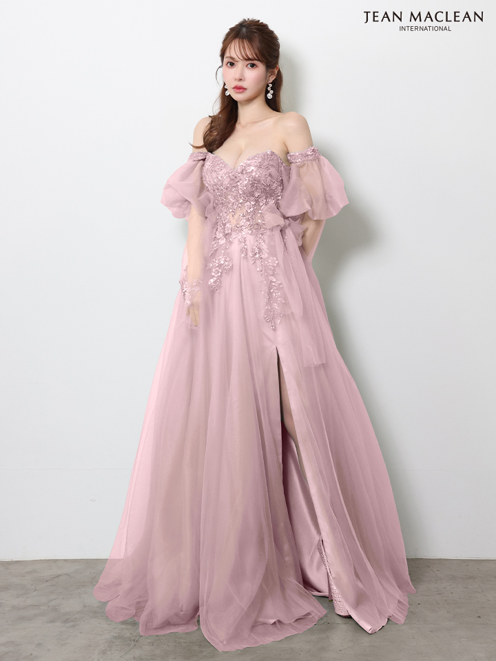 2way ベア パフスリーブ付き ハートカット サイドレースアップ バックスピンドル スリット フラワー刺繍 バースデー Aラインロングドレスのイメージ画像6