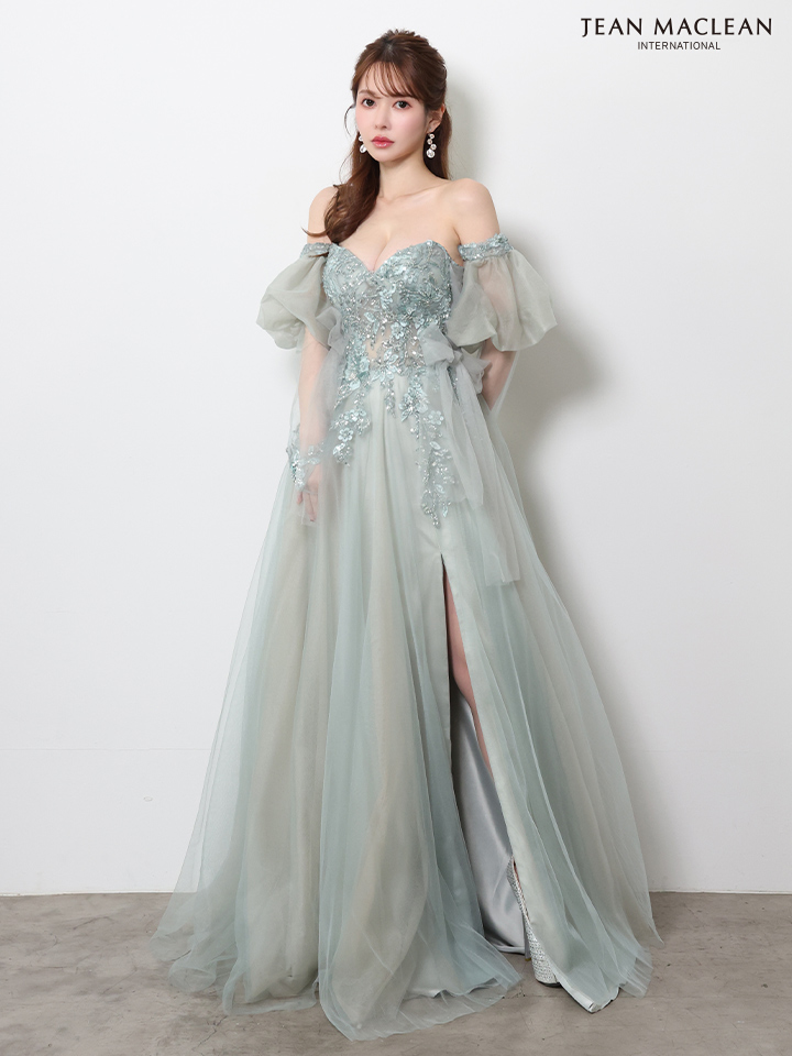 2way ベア パフスリーブ付き ハートカット サイドレースアップ バックスピンドル スリット フラワー刺繍 バースデー Aラインロングドレスのイメージ画像5