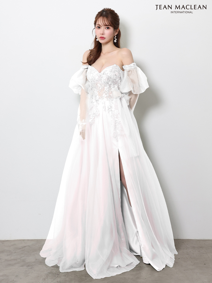 2way ベア パフスリーブ付き ハートカット サイドレースアップ バックスピンドル スリット フラワー刺繍 バースデー Aラインロングドレスのイメージ画像8