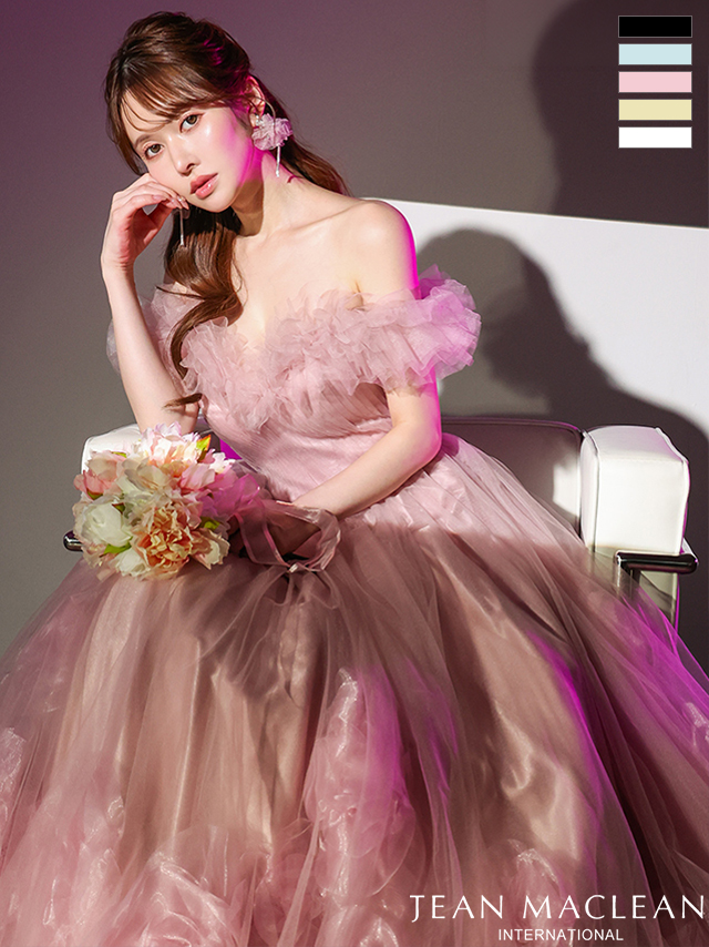 オフショルダー フリル フラワー チュール バースデー バックスピンドル Aラインロングドレスのイメージ画像1