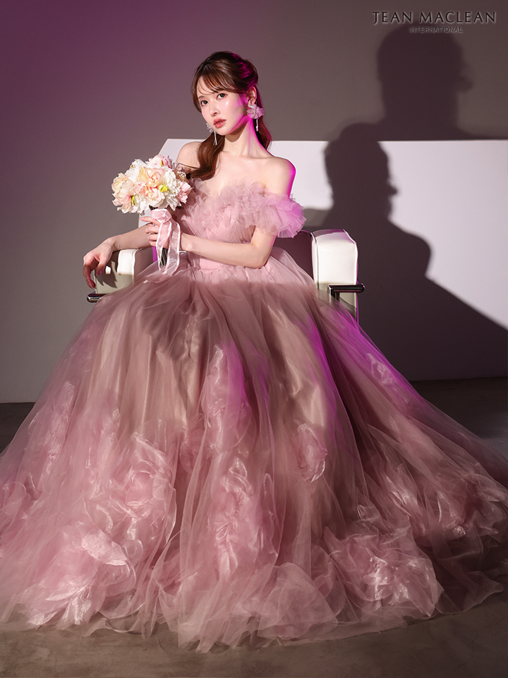 オフショルダー フリル フラワー チュール バースデー バックスピンドル Aラインロングドレスのイメージ画像2