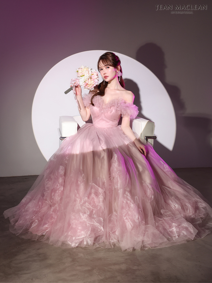 オフショルダー フリル フラワー チュール バースデー バックスピンドル Aラインロングドレスのイメージ画像3