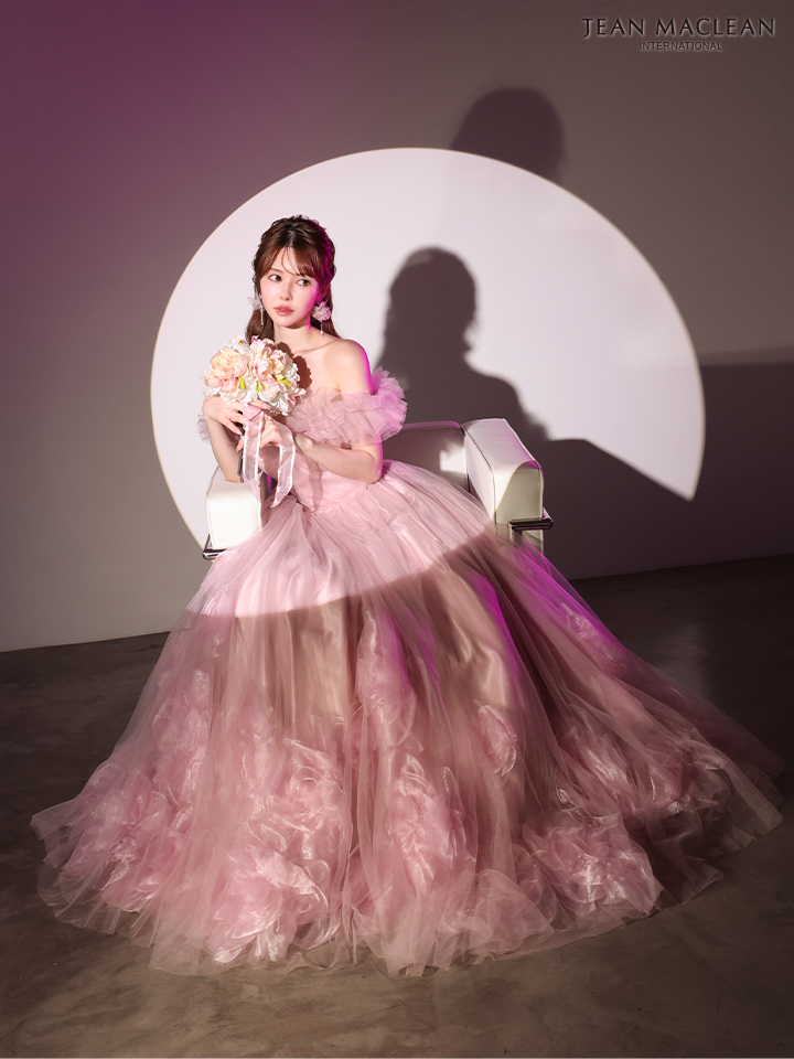 オフショルダー フリル フラワー チュール バースデー バックスピンドル Aラインロングドレスのイメージ画像4