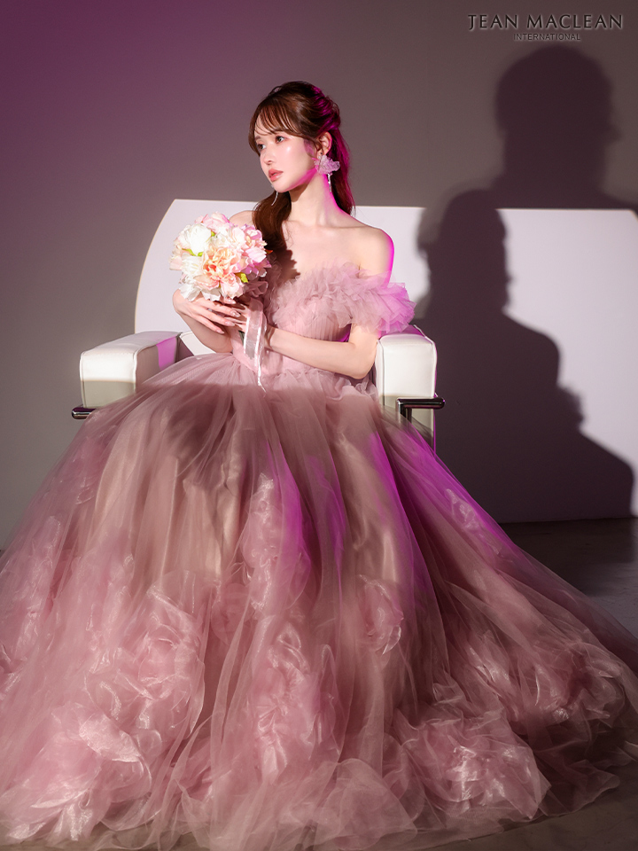 オフショルダー フリル フラワー チュール バースデー バックスピンドル Aラインロングドレスのイメージ画像5