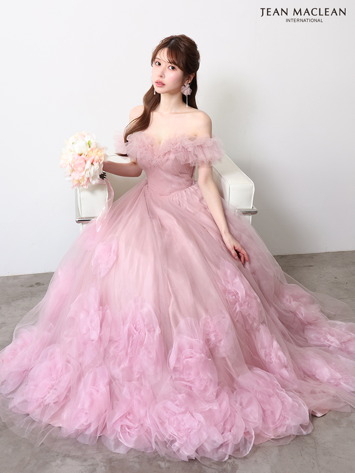 オフショルダー フリル フラワー チュール バースデー バックスピンドル Aラインロングドレスのイメージ画像6