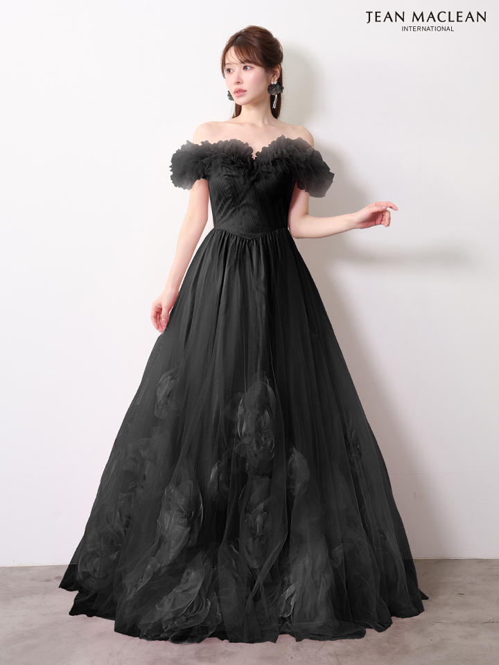 オフショルダー フリル フラワー チュール バースデー バックスピンドル Aラインロングドレスのイメージ画像12