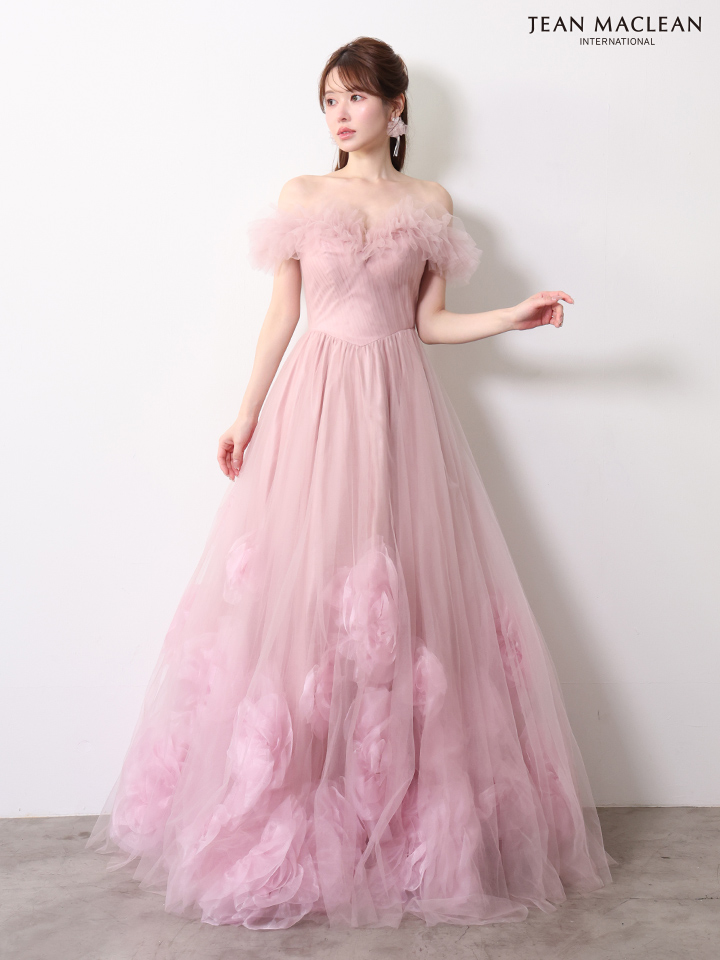 オフショルダー フリル フラワー チュール バースデー バックスピンドル Aラインロングドレスのイメージ画像8