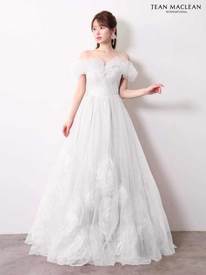 オフショルダー フリル フラワー チュール バースデー バックスピンドル Aラインロングドレスのイメージ画像9