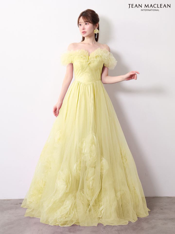 オフショルダー フリル フラワー チュール バースデー バックスピンドル Aラインロングドレスのイメージ画像10