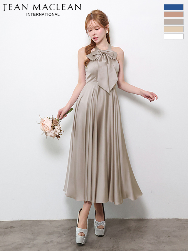 ホルターネック 2way リボン バストカット ウエスト切替 サテン Aラインロングドレスのイメージ画像1