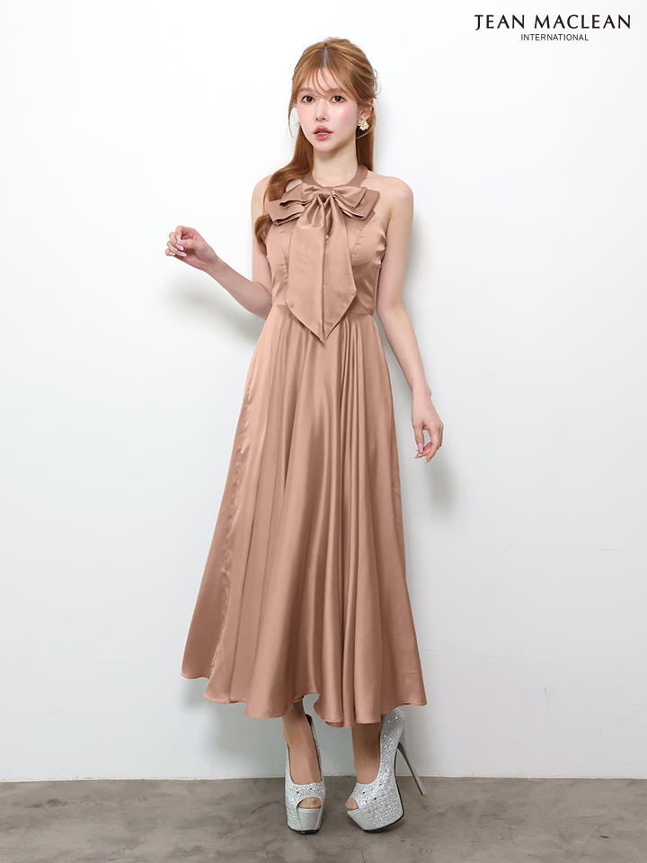 ホルターネック 2way リボン バストカット ウエスト切替 サテン Aラインロングドレスのイメージ画像4