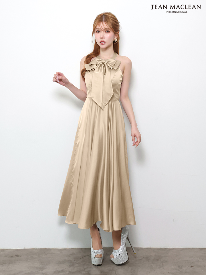 ホルターネック 2way リボン バストカット ウエスト切替 サテン Aラインロングドレスのイメージ画像6