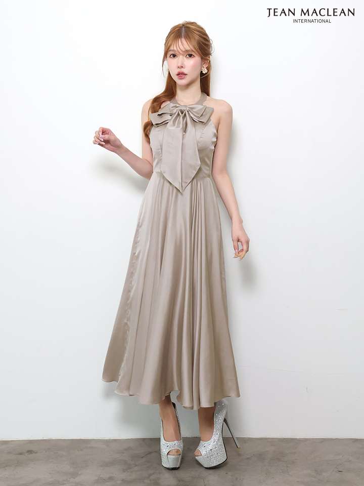 ホルターネック 2way リボン バストカット ウエスト切替 サテン Aラインロングドレスのイメージ画像2