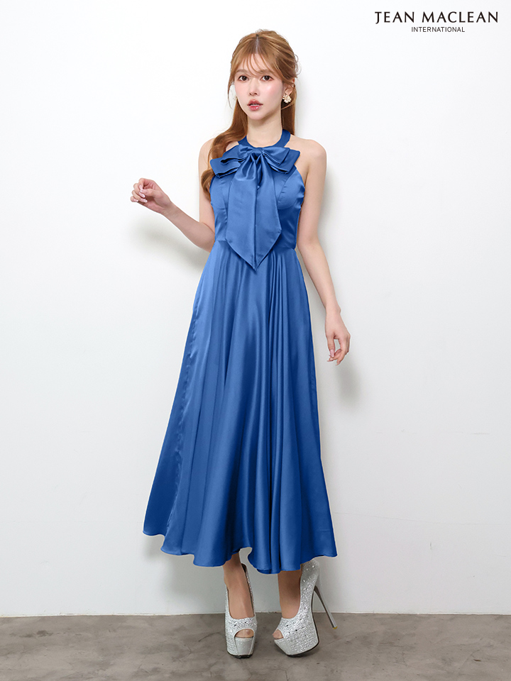 ホルターネック 2way リボン バストカット ウエスト切替 サテン Aラインロングドレスのイメージ画像5