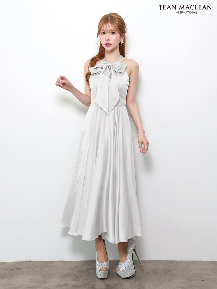 ホルターネック 2way リボン バストカット ウエスト切替 サテン Aラインロングドレスのイメージ画像3