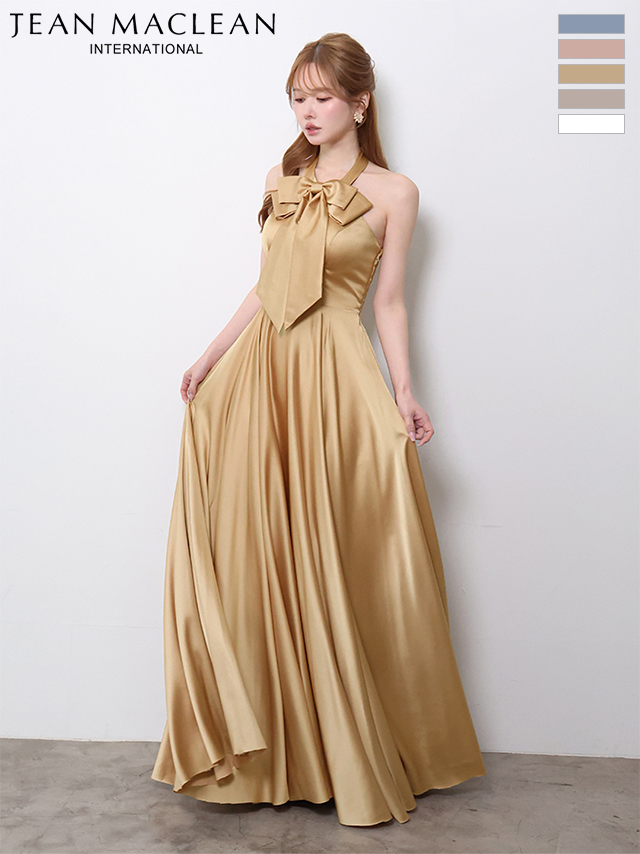 ホルターネック リボン エレガント ウエスト切替 サテン Aラインロングドレスのイメージ画像1