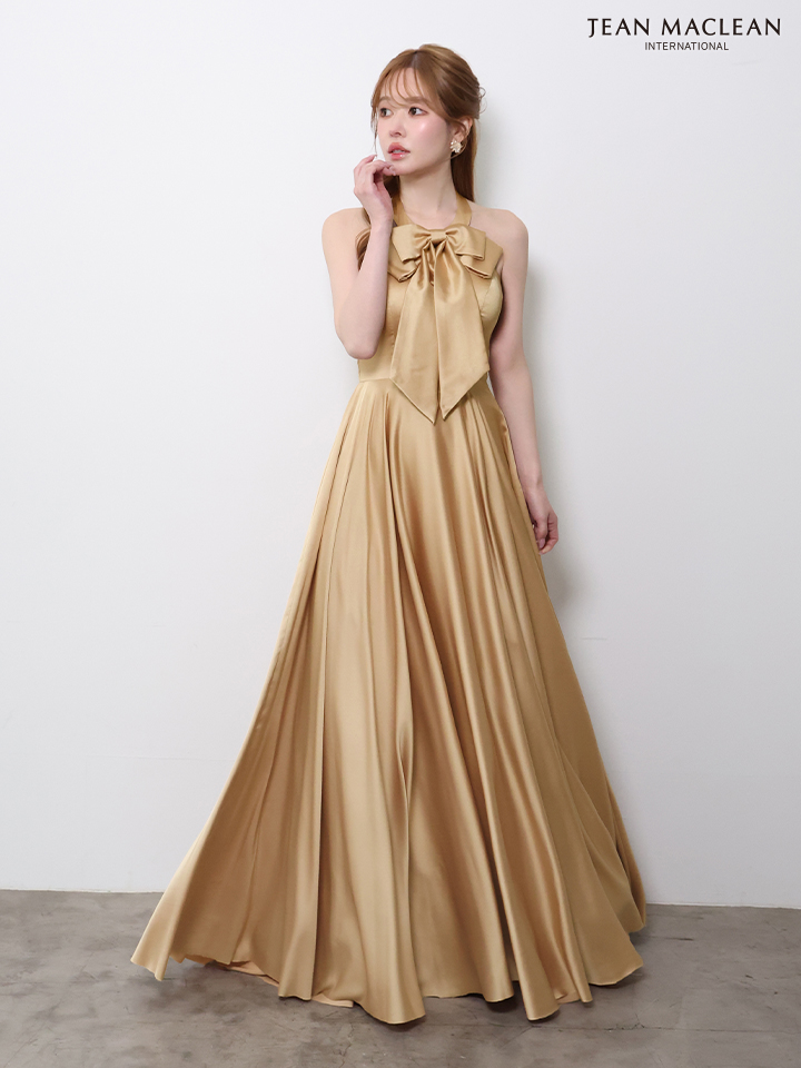 ホルターネック リボン エレガント ウエスト切替 サテン Aラインロングドレスのイメージ画像2