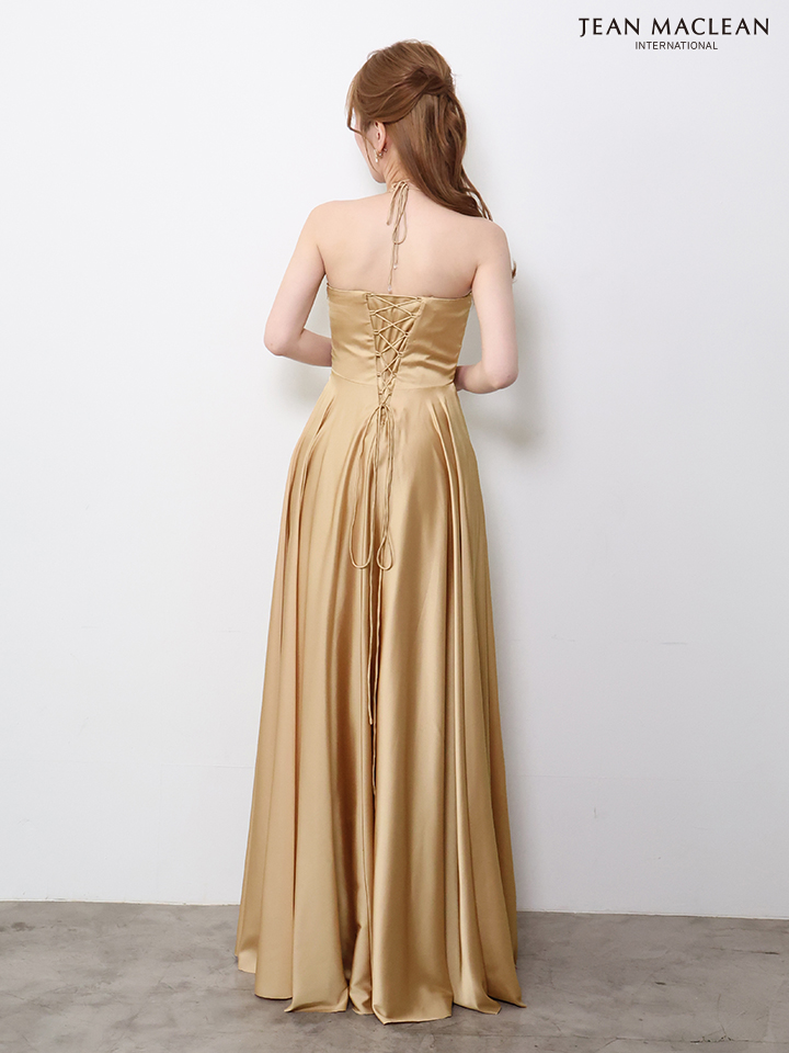 ホルターネック リボン エレガント ウエスト切替 サテン Aラインロングドレスのイメージ画像8