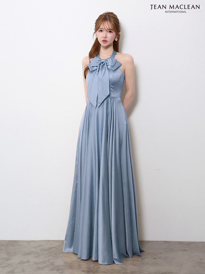 ホルターネック リボン エレガント ウエスト切替 サテン Aラインロングドレスのイメージ画像5