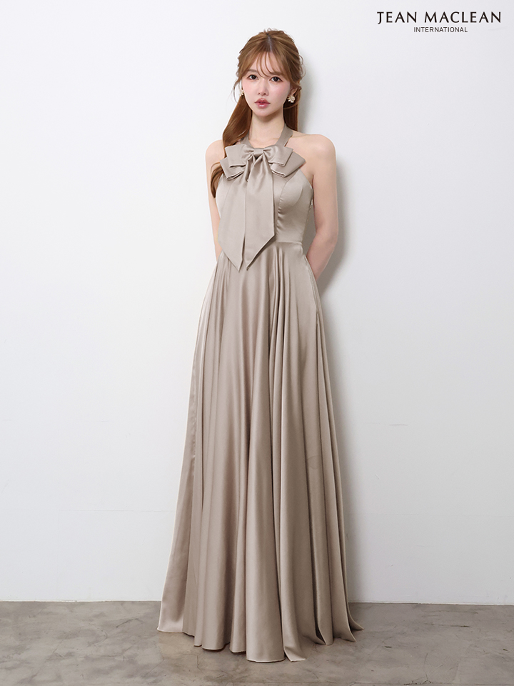 ホルターネック リボン エレガント ウエスト切替 サテン Aラインロングドレスのイメージ画像6