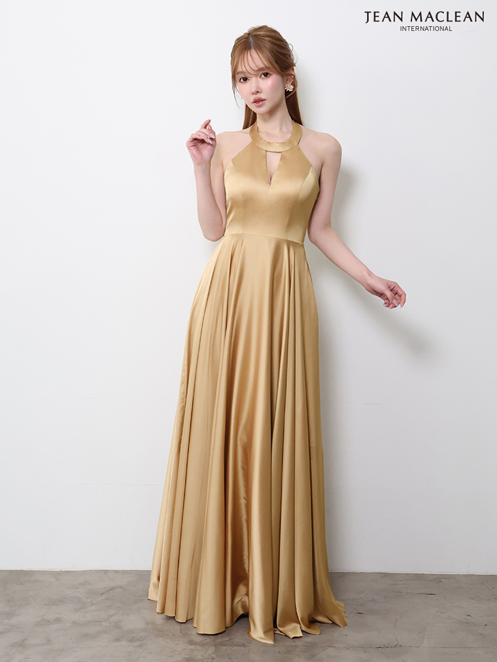 ホルターネック リボン エレガント ウエスト切替 サテン Aラインロングドレスのイメージ画像7