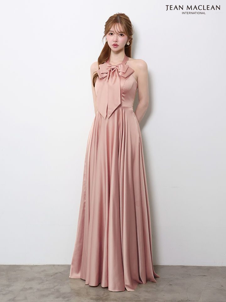 ホルターネック リボン エレガント ウエスト切替 サテン Aラインロングドレスのイメージ画像4