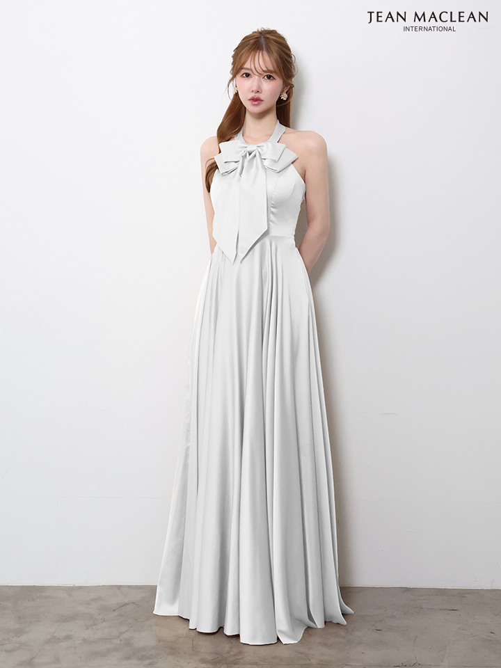 ホルターネック リボン エレガント ウエスト切替 サテン Aラインロングドレスのイメージ画像3