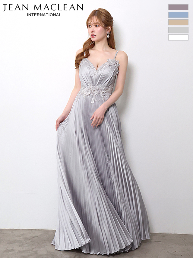 キャミソール フラワーモチーフ ビジュー Vネック プリーツ Aラインロングドレスのメイン画像1