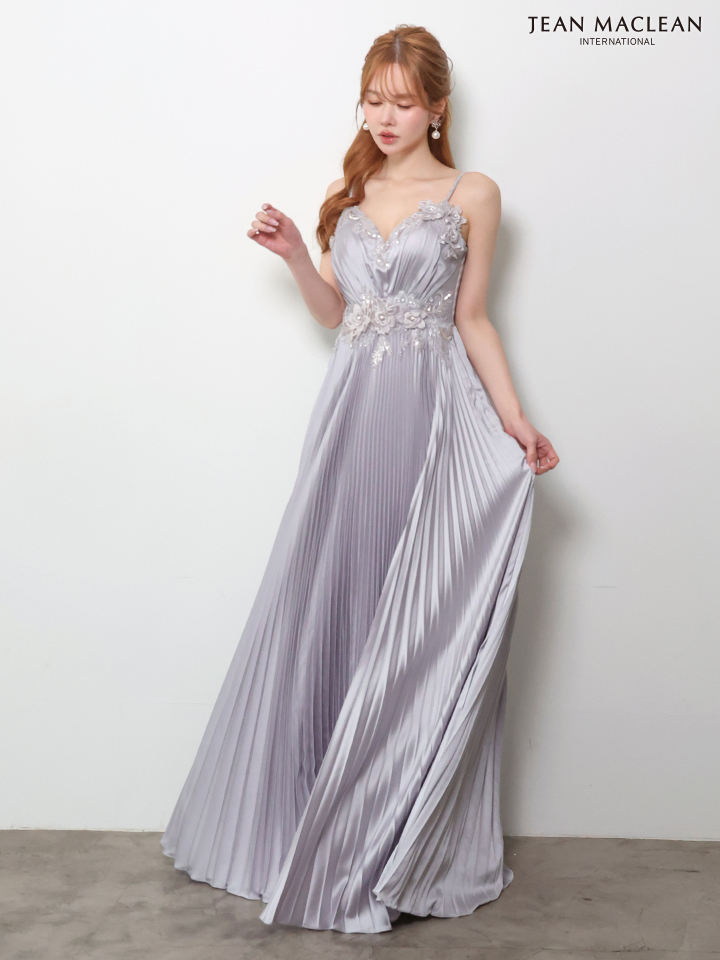 キャミソール フラワーモチーフ ビジュー Vネック プリーツ Aラインロングドレスのメイン画像2