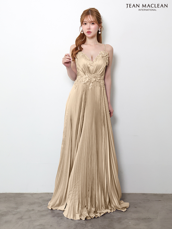 キャミソール フラワーモチーフ ビジュー Vネック プリーツ Aラインロングドレスのイメージ画像5