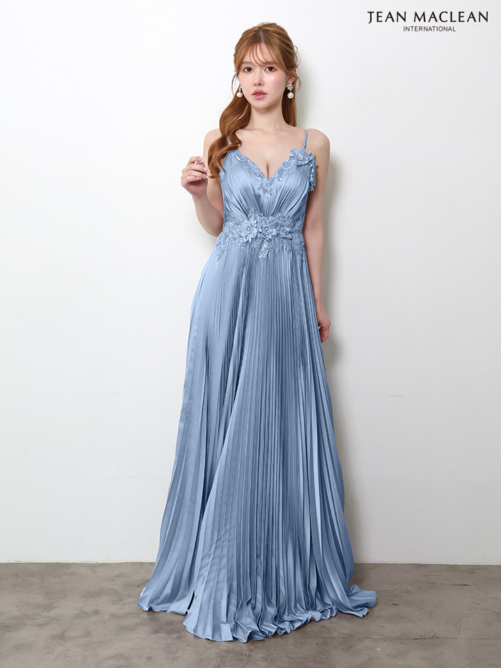 キャミソール フラワーモチーフ ビジュー Vネック プリーツ Aラインロングドレスのイメージ画像6