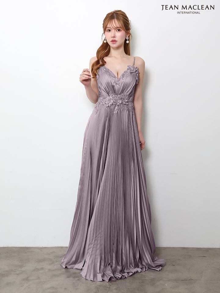 キャミソール フラワーモチーフ ビジュー Vネック プリーツ Aラインロングドレスのイメージ画像7