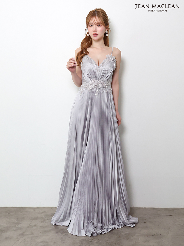 キャミソール フラワーモチーフ ビジュー Vネック プリーツ Aラインロングドレスのメイン画像3