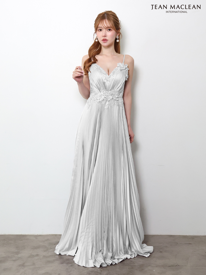 キャミソール フラワーモチーフ ビジュー Vネック プリーツ Aラインロングドレスのイメージ画像4