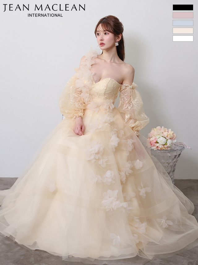 オフショルダー エレガント ボリュームスカート 立体フラワーモチーフ バースデー チュール Aラインロングドレスのメイン画像1